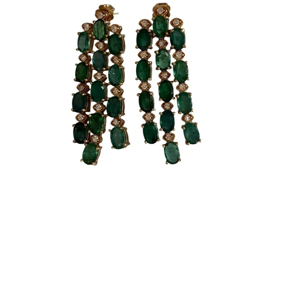 Vintage Emerald Diamond Gold Cascading Post Earrings